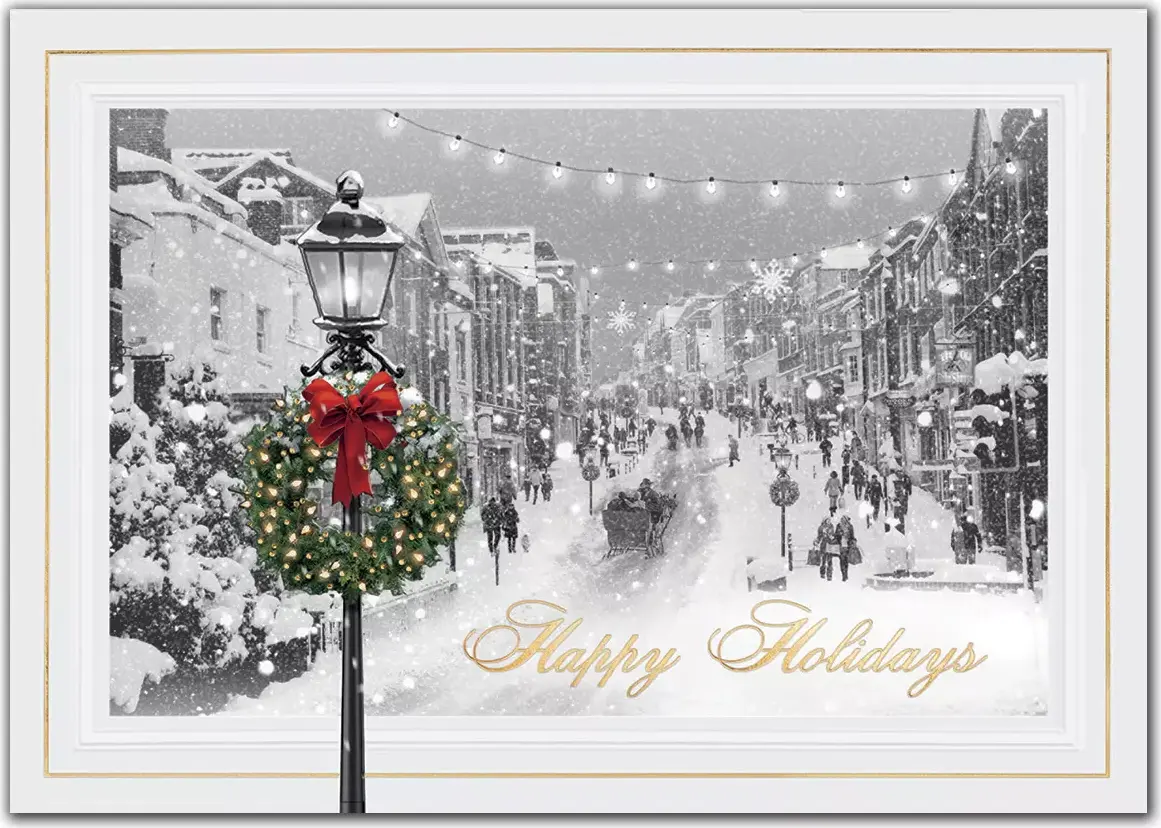A snowy, vintage street scene for this custom printed holiday card