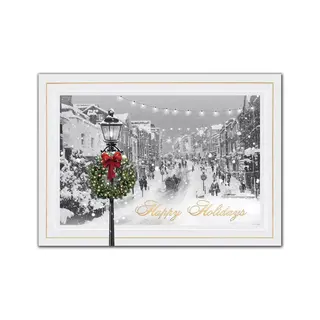 A snowy, vintage street scene for this custom printed holiday card