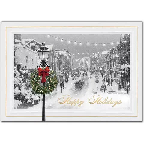 A snowy, vintage street scene for this custom printed holiday card