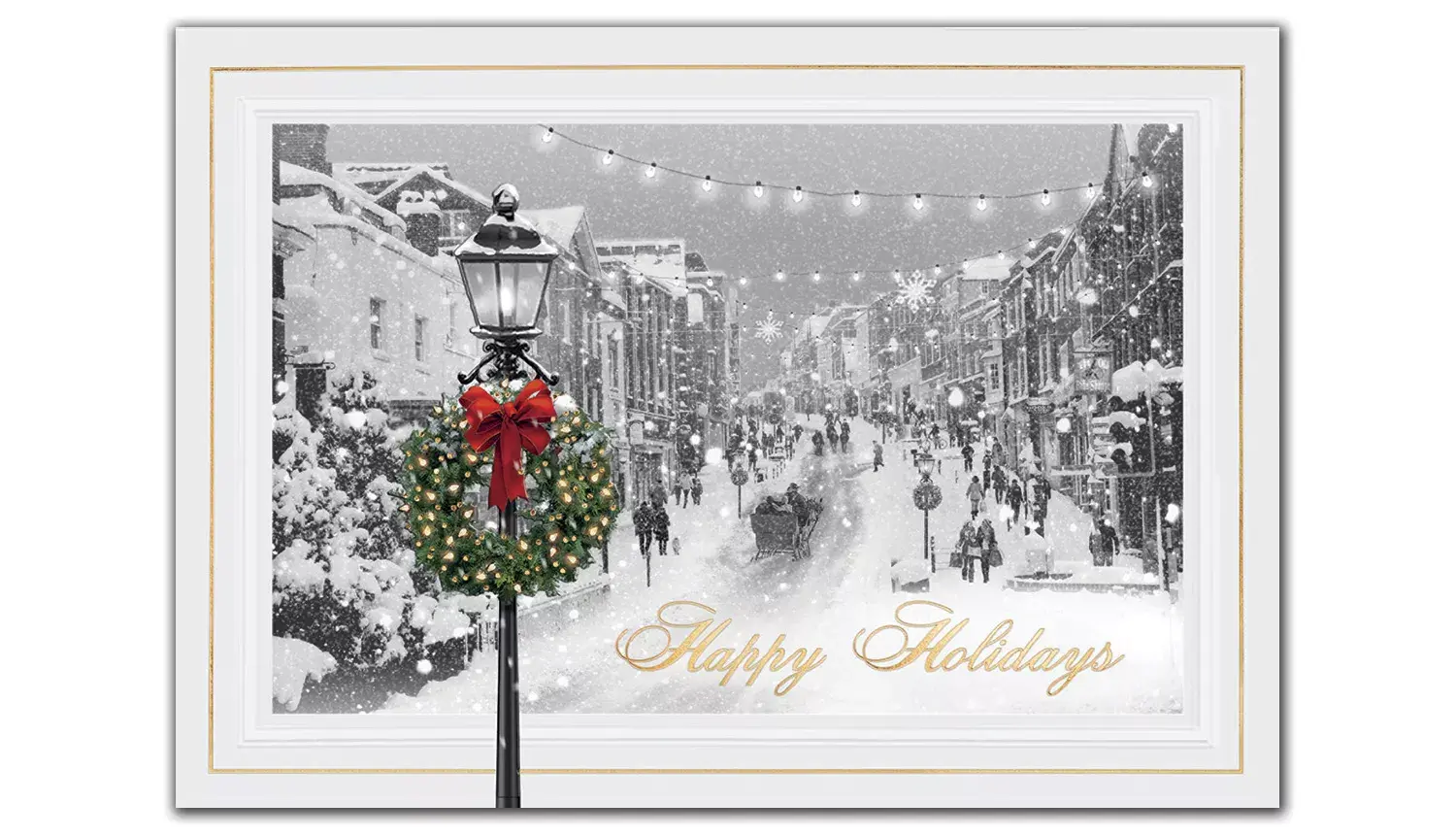 A snowy, vintage street scene for this custom printed holiday card