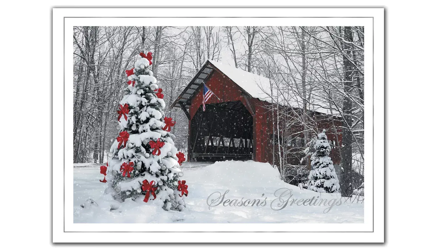 A custom printed business greeting card featuring a decorated outdoor Christmas tree 