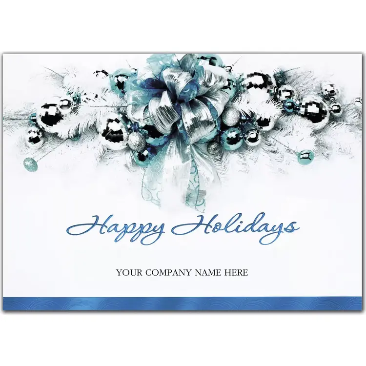 Custom Happy Holidays card with blue ribbons, silver ornaments, and a script font for corporate use.
