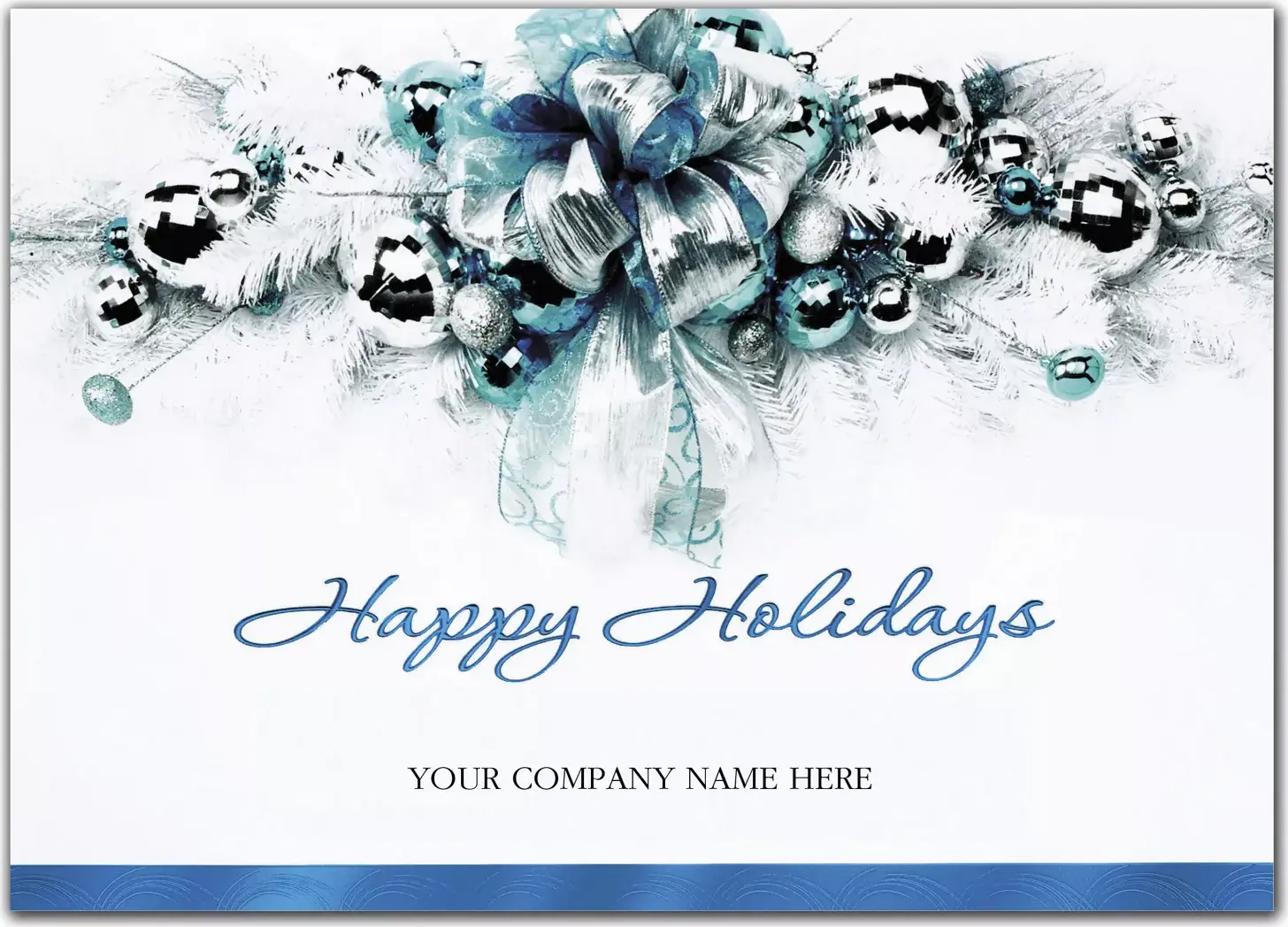 Custom Happy Holidays card with blue ribbons, silver ornaments, and a script font for corporate use.