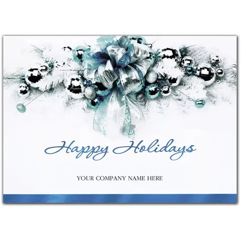 Custom Happy Holidays card with blue ribbons, silver ornaments, and a script font for corporate use.