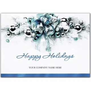 Custom Happy Holidays card with blue ribbons, silver ornaments, and a script font for corporate use.