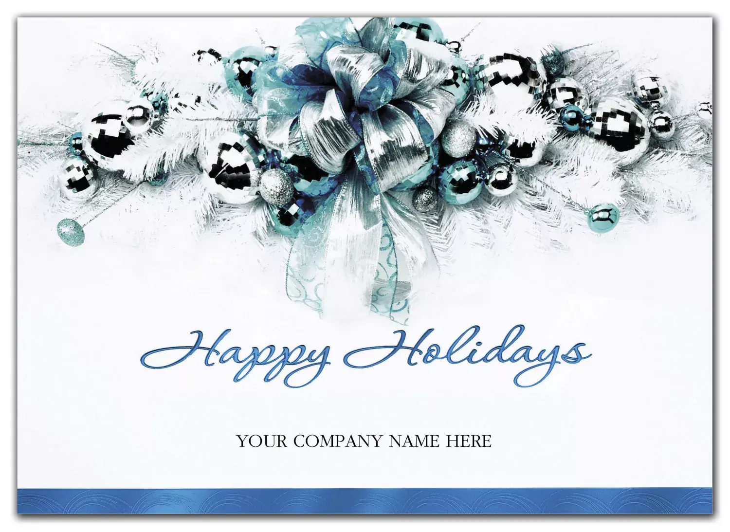 Custom Happy Holidays card with blue ribbons, silver ornaments, and a script font for corporate use.