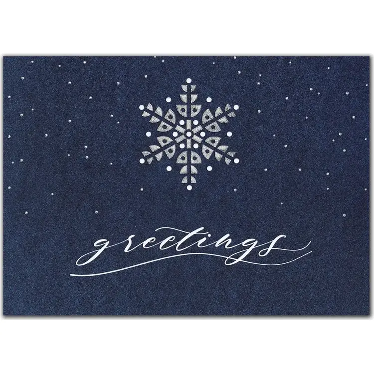 Elegant custom navy blue holiday card with a single white snowflake and "greetings" text for corporate use.