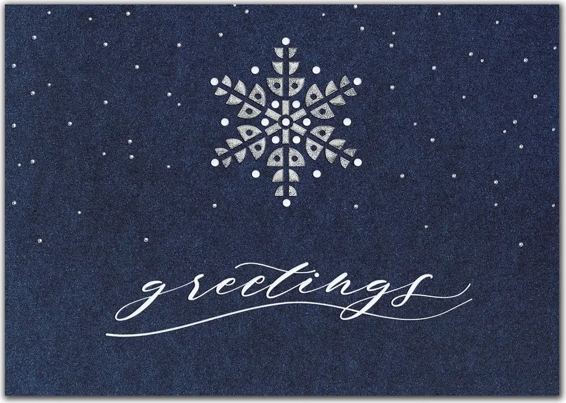 Elegant custom navy blue holiday card with a single white snowflake and "greetings" text for corporate use.