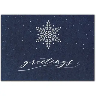 Elegant custom navy blue holiday card with a single white snowflake and "greetings" text for corporate use.
