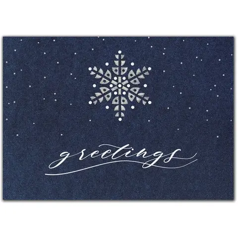Elegant custom navy blue holiday card with a single white snowflake and "greetings" text for corporate use.