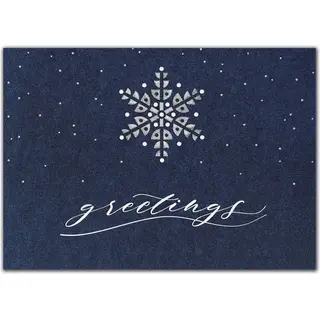Elegant custom navy blue holiday card with a single white snowflake and "greetings" text for corporate use.