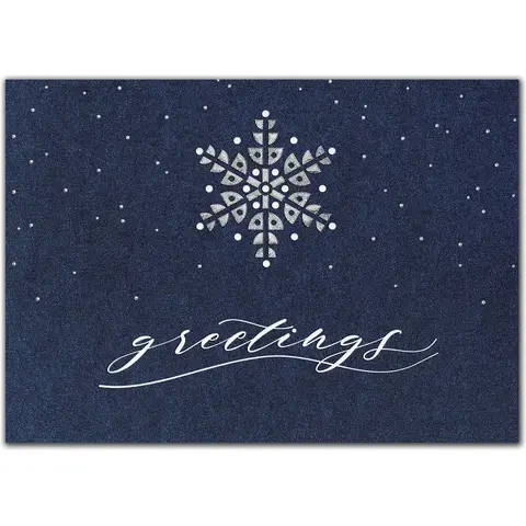Elegant custom navy blue holiday card with a single white snowflake and "greetings" text for corporate use.