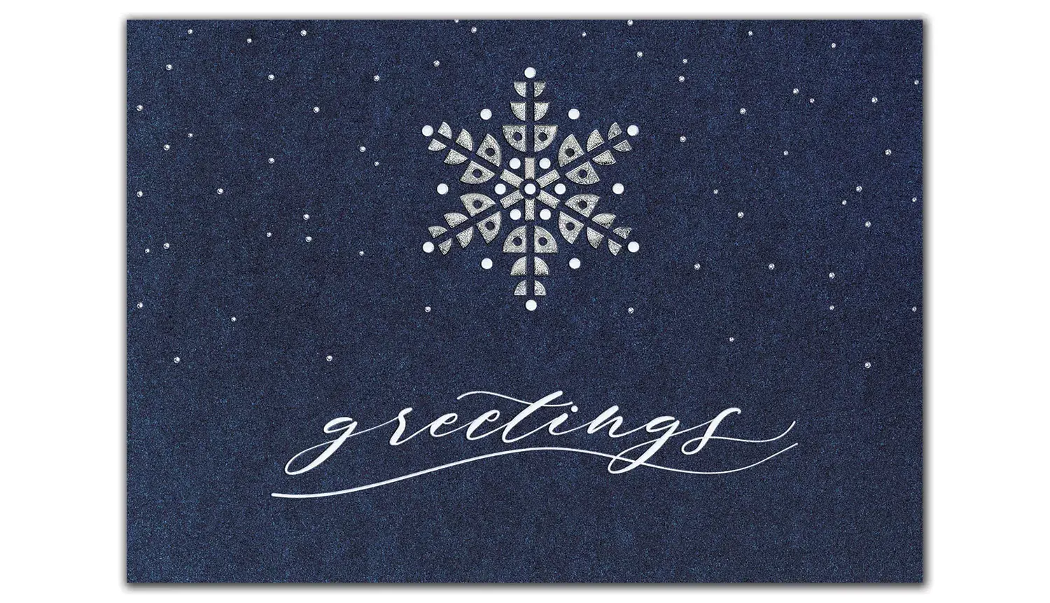Elegant custom navy blue holiday card with a single white snowflake and "greetings" text for corporate use.