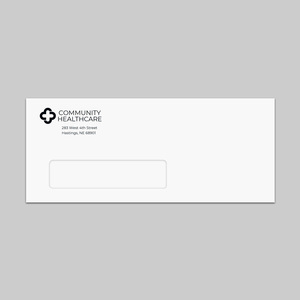 Custom #10 window envelopes with a printed business logo and return address.