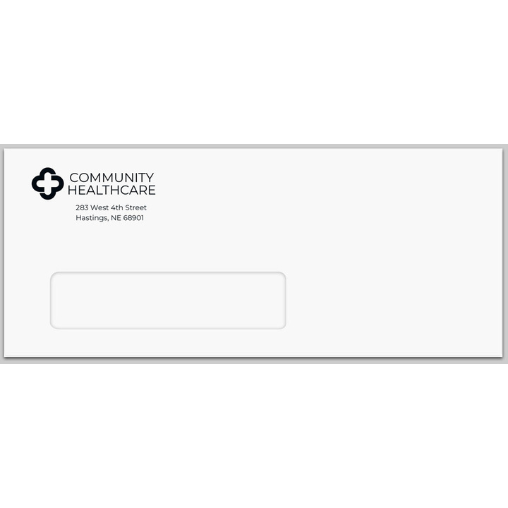 Custom #10 window envelopes with a printed business logo and return address.