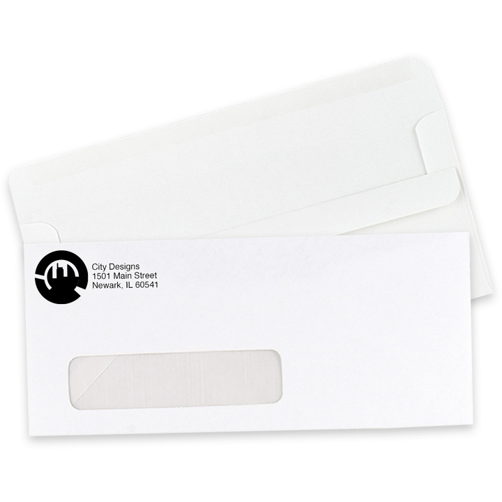Custom #10 self-seal window envelopes showing the flip-and-seal flap on the back and the mailing window.