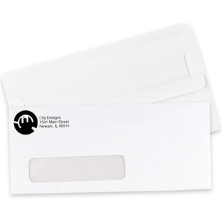 Custom #10 self-seal window envelopes showing the flip-and-seal flap on the back and the mailing window.