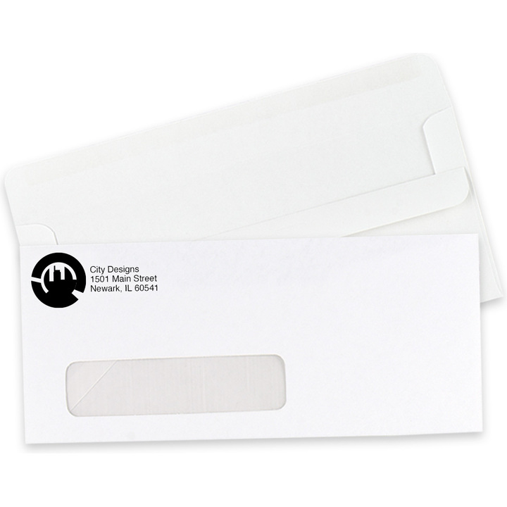 Custom #10 self-seal window envelopes showing the flip-and-seal flap on the back and the mailing window.