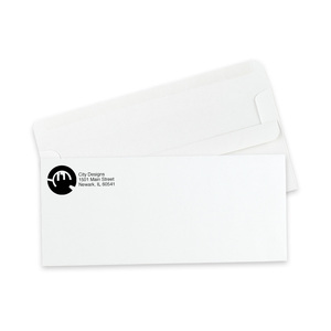 Custom #10 self-seal envelopes printed with one color ink, showing the flip-and-seal back flap.