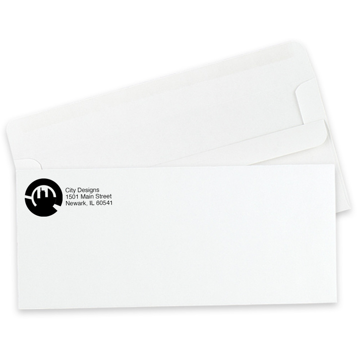 Custom #10 self-seal envelopes printed with one color ink, showing the flip-and-seal back flap.