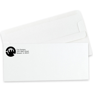 Custom #10 self-seal envelopes printed with one color ink, showing the flip-and-seal back flap.