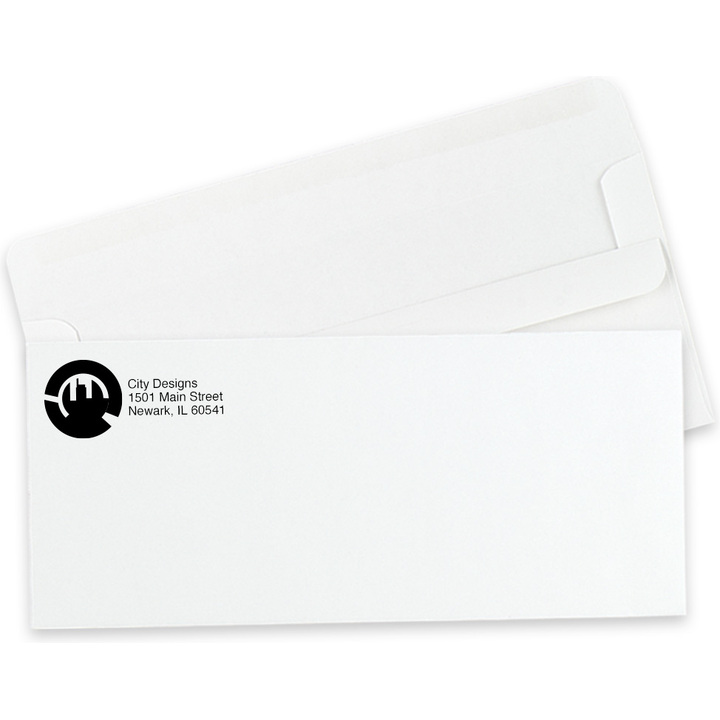 Custom #10 self-seal envelopes printed with one color ink, showing the flip-and-seal back flap.