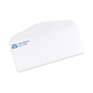 Custom #10 business envelopes printed with a logo and return address, shown in white wove paper.