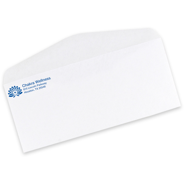 Custom #10 business envelopes printed with a logo and return address, shown in white wove paper.