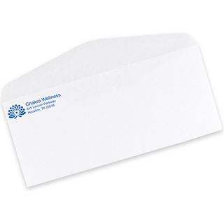 Custom #10 business envelopes printed with a logo and return address, shown in white wove paper.
