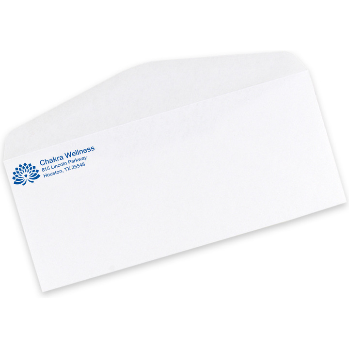 Custom #10 business envelopes printed with a logo and return address, shown in white wove paper.