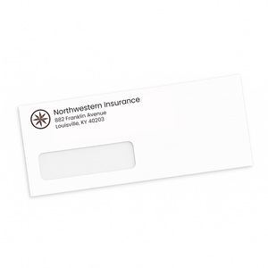 Custom #10 window envelopes printed with a two-color logo and return address.