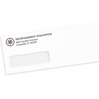Custom #10 window envelopes printed with a two-color logo and return address.