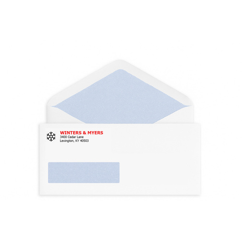 Custom #10 confidential window envelopes printed with a two-color logo and security tinting.