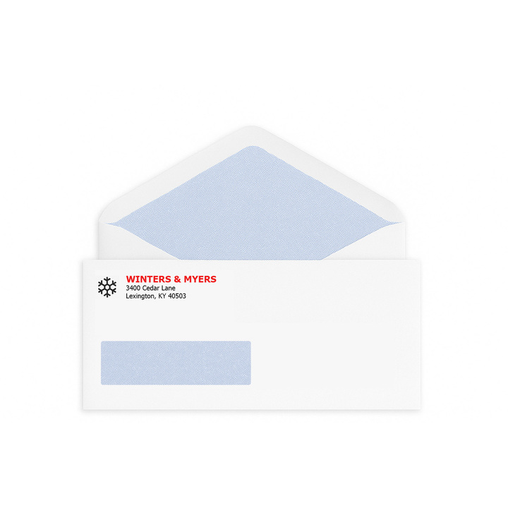 Custom #10 confidential window envelopes printed with a two-color logo and security tinting.