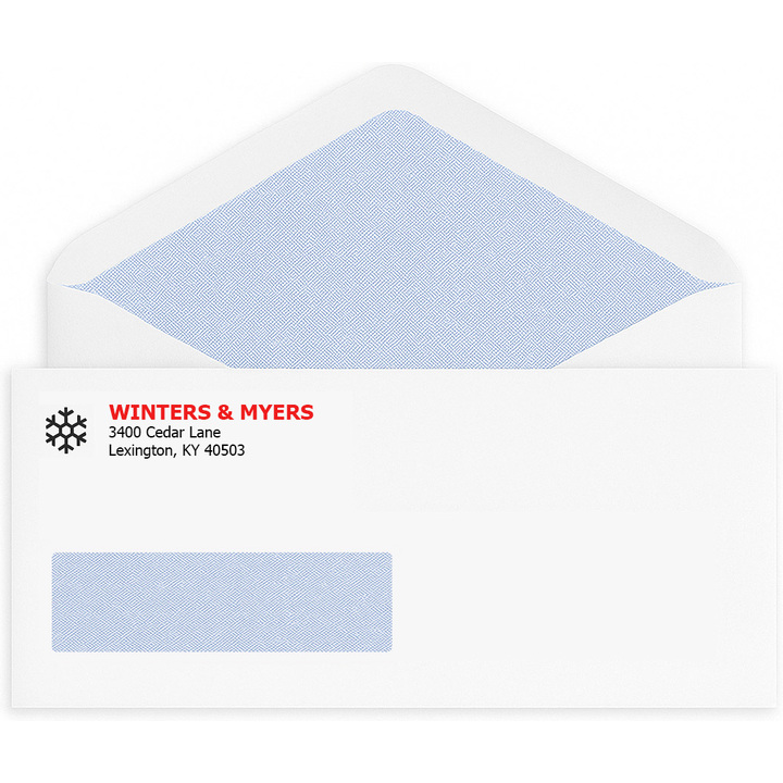Custom #10 confidential window envelopes printed with a two-color logo and security tinting.