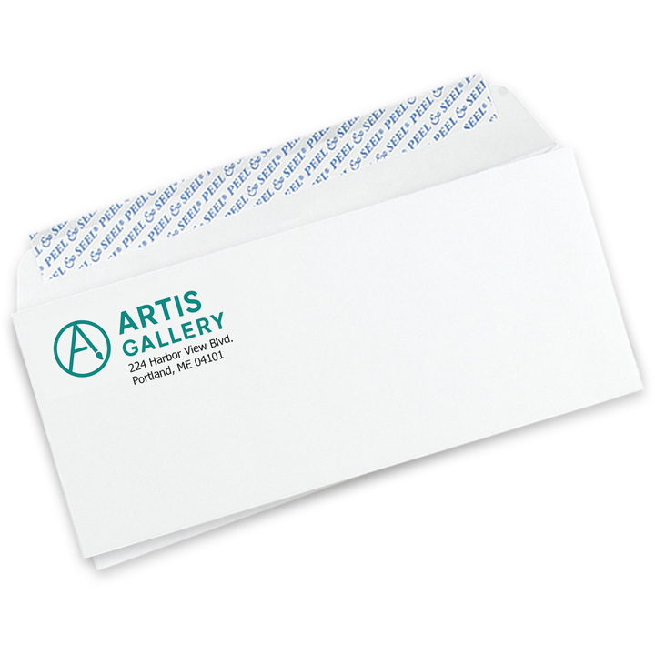 Custom #10 self-seal envelopes printed with black ink and one spot color logo.