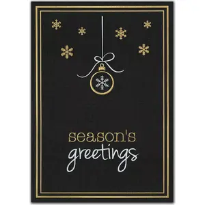 Elegant black and gold custom printed holiday card with snowflake ornament and 'Season's Greetings' text.