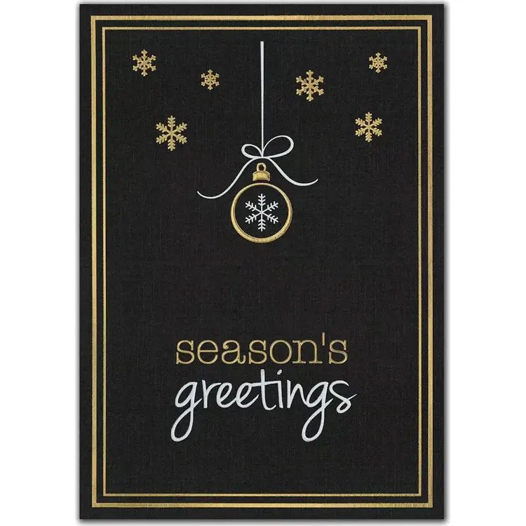 Elegant black and gold custom printed holiday card with snowflake ornament and 'Season's Greetings' text.