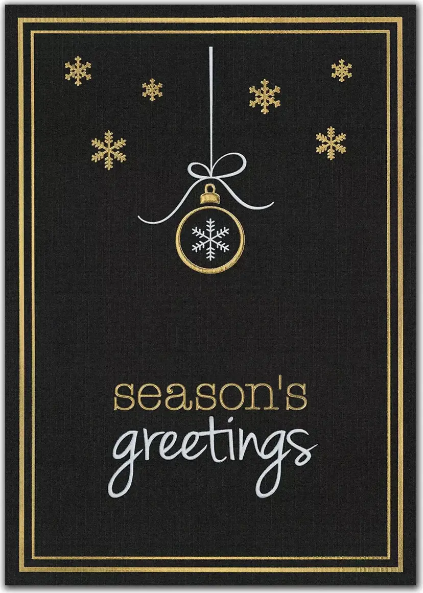 Elegant black and gold custom printed holiday card with snowflake ornament and 'Season's Greetings' text.