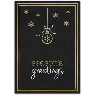 Elegant black and gold custom printed holiday card with snowflake ornament and 'Season's Greetings' text.