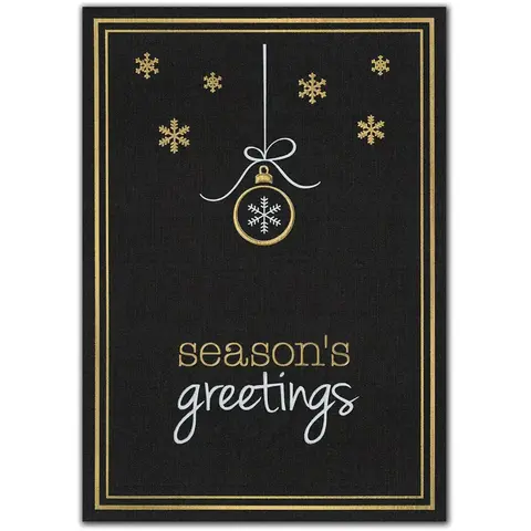 Elegant black and gold custom printed holiday card with snowflake ornament and 'Season's Greetings' text.