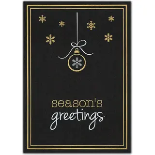 Elegant black and gold custom printed holiday card with snowflake ornament and 'Season's Greetings' text.