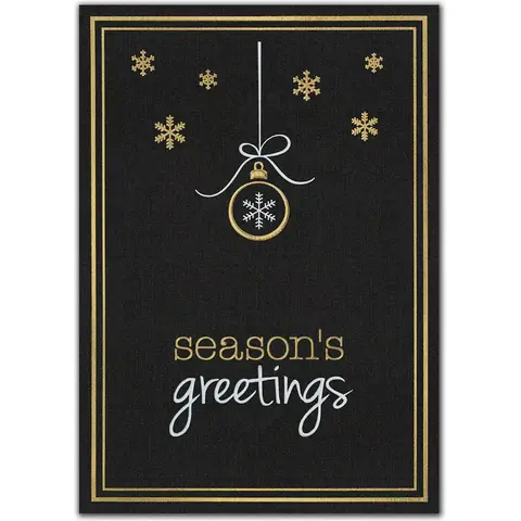 Elegant black and gold custom printed holiday card with snowflake ornament and 'Season's Greetings' text.
