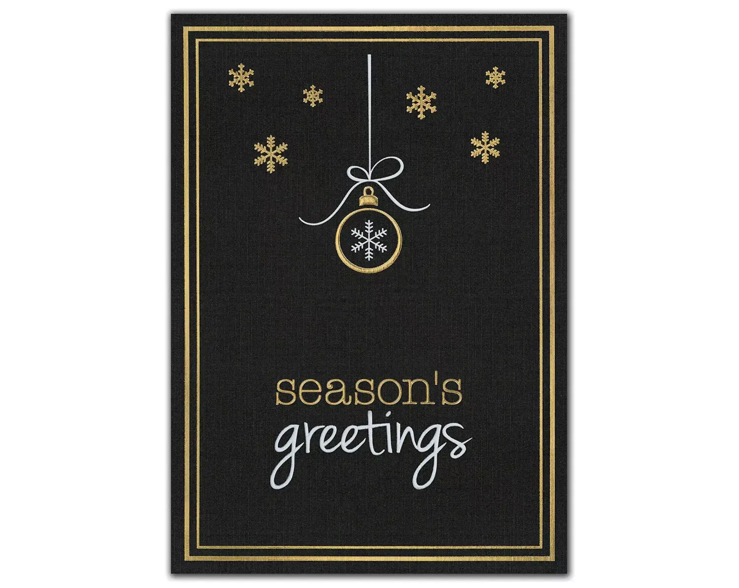 Elegant black and gold custom printed holiday card with snowflake ornament and 'Season's Greetings' text.