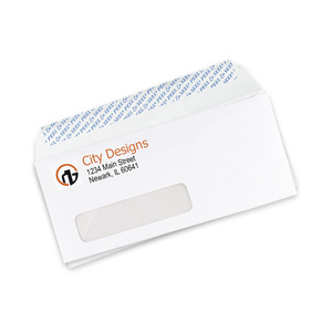 Custom #10 self-seal window envelopes showing the window and peel-and-seal strip on the back flap with a 2-color logo.