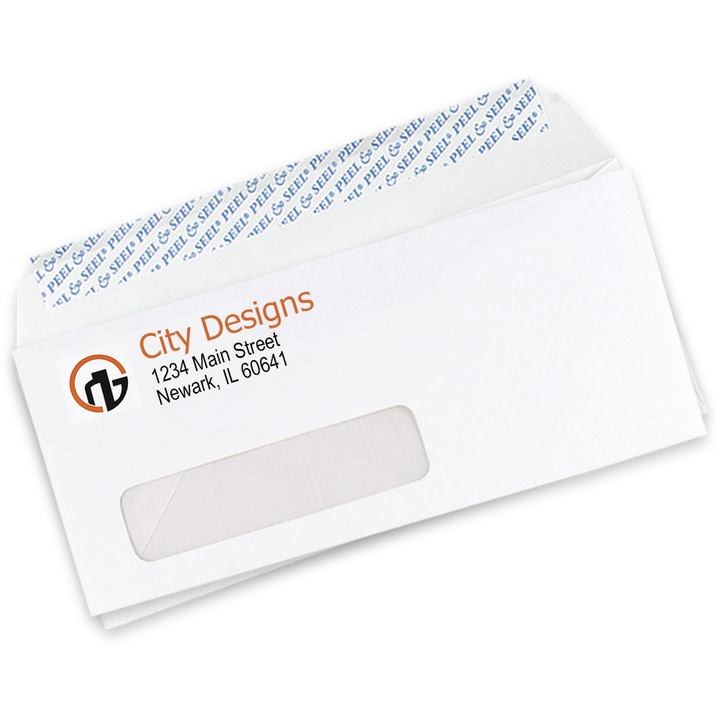 Custom #10 self-seal window envelopes showing the window and peel-and-seal strip on the back flap with a 2-color logo.