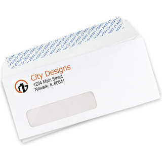 Custom #10 self-seal window envelopes showing the window and peel-and-seal strip on the back flap with a 2-color logo.
