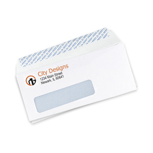 Custom #10 self-seal window envelopes printed with two colors, showing the Peel & Seal strip and window