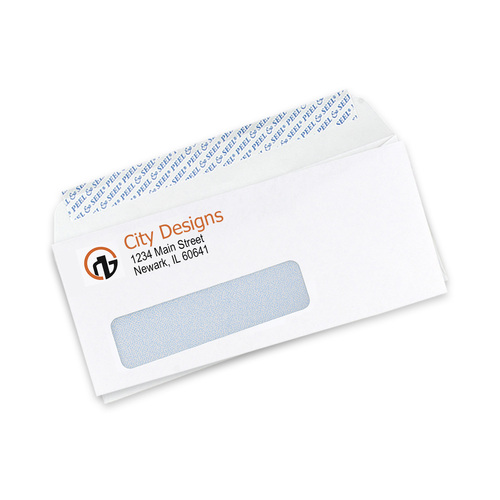 Custom #10 self-seal window envelopes printed with two colors, showing the Peel & Seal strip and window