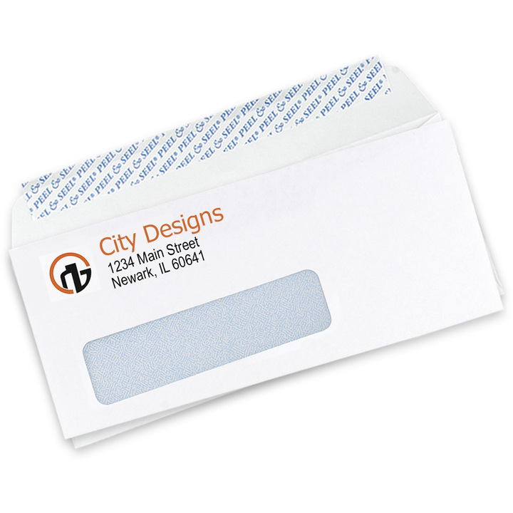 Custom #10 self-seal window envelopes printed with two colors, showing the Peel & Seal strip and window